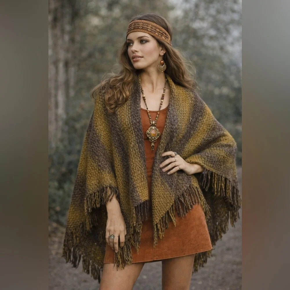 Vintage Knit Long Fringe Shawl Scarf | Boho Wrap